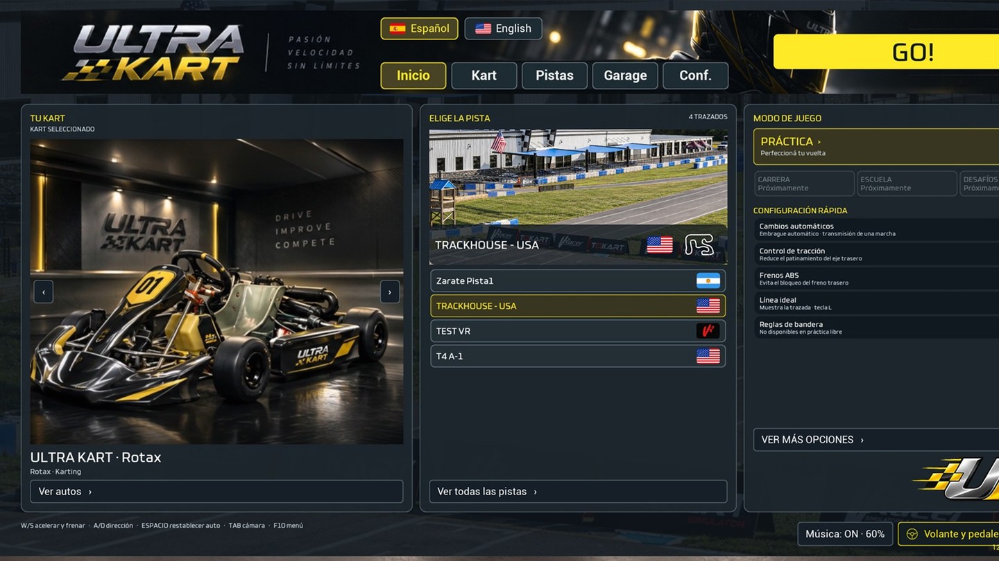 Portada del carrusel de inicio y garage: pantalla de inicio de ULTRA KART.