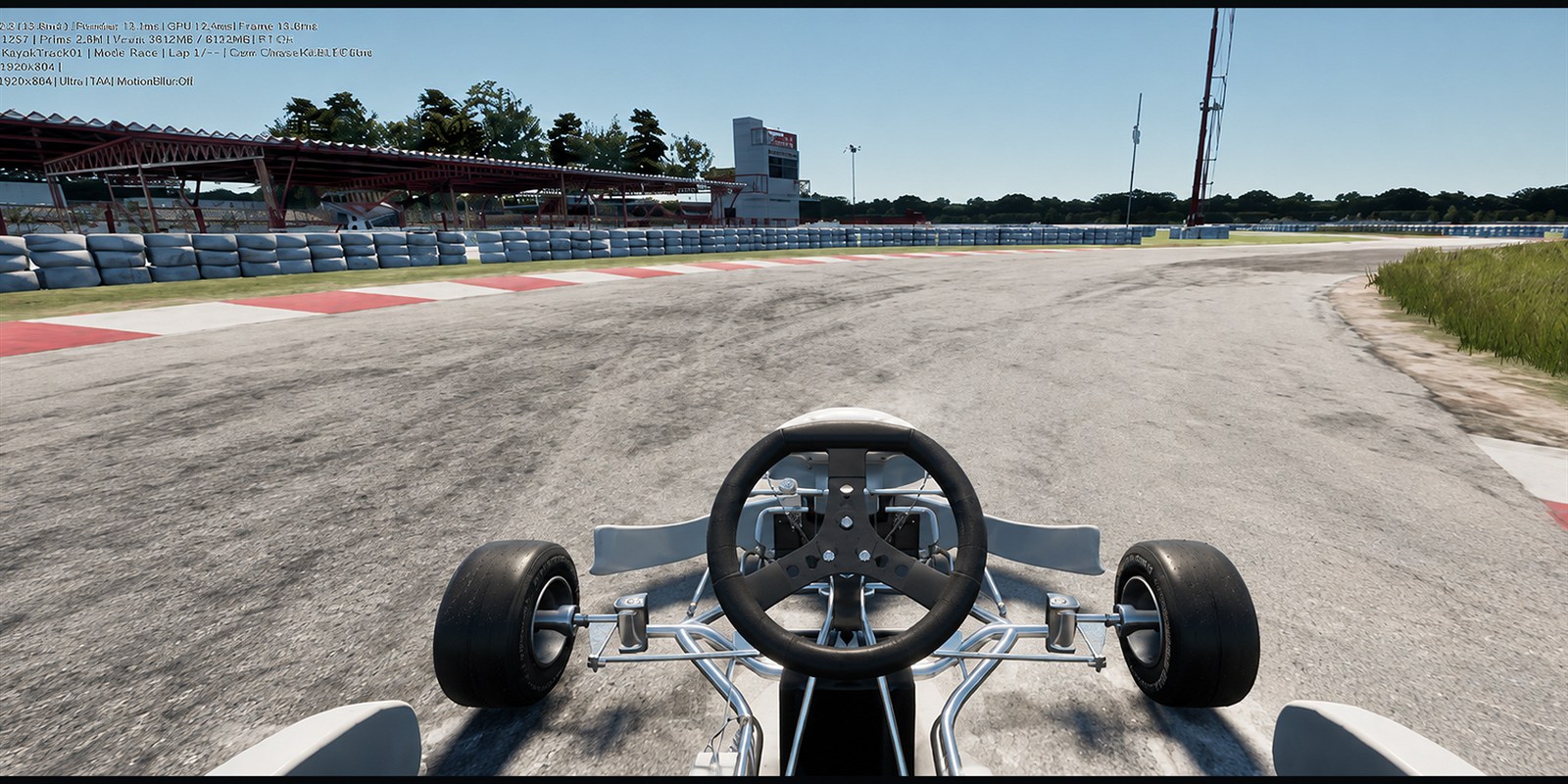 Vista onboard del kart frente a una curva, con volante, ruedas delanteras y datos de prueba visibles.