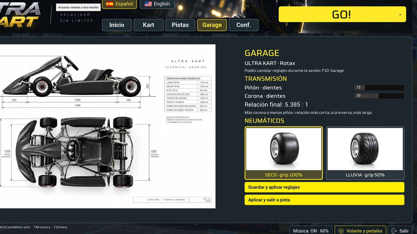 Pantalla Garage de ULTRA KART con dibujo técnico del kart, transmisión y opciones de neumáticos.